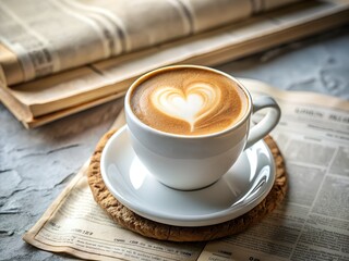 Heart Latte Art Coffee with Newspaper and Saucer on Rustic Table