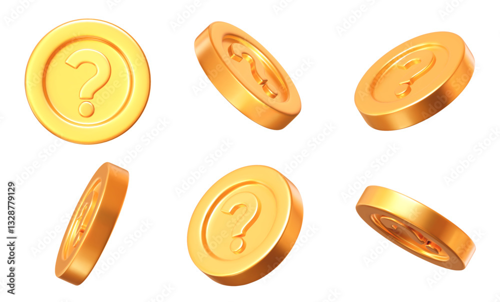 Wall mural 3d set golden question mark coins with different angles. stock vector illustration on isolated backg