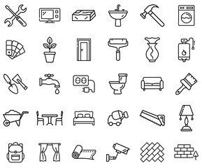 Home Improvement and Renovation Line Icons Set – Construction, Interior Design, DIY, Furniture, Plumbing, Electrical, Painting, Flooring, Tools, Home Repair, Remodeling, House Maintenance
