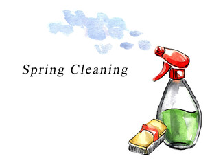 Spring cleaning. Watercolor banner with window cleaner, spray and floor brush. Hand drawn illustration with text on white background for your design.