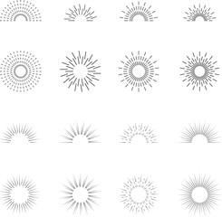 Vintage sunburst set. Bursting rays sunrise firework starburst blast, Radiant Spark. Rays. Geometric Design Elements. Retro radiant sunburst, starburst hand drawn label, sun rays.