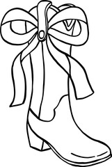 A single cowboy boot with a large decorative bow, drawn in a black-and-white line art style