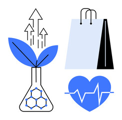 Plant sprouting from lab flask symbolizing innovation, shopping bag for commerce, heart with ECG line. Ideal for sustainability, innovation, eco-friendly growth, healthcare, consumerism, science