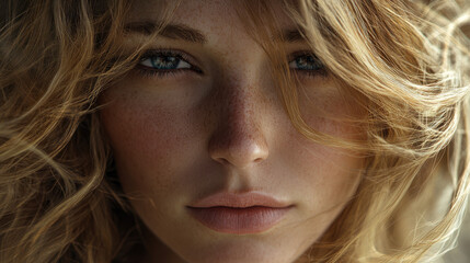 Naklejka premium A young woman stands against a blurred background, her flowing hair gently tousled by the wind. Her piercing blue eyes convey emotion, complemented by freckles on her cheeks