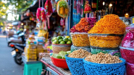 Fototapeta premium Experience the vibrant flavors of Thailand with Steaming Thai street food noodles topped with crunchy peanuts and fresh lime, a culinary adventure in a vibrant night market scene Dive into authentic