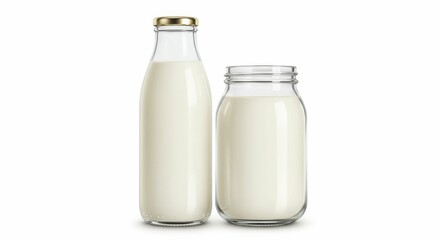 Two clear glass bottles of fresh milk on white background