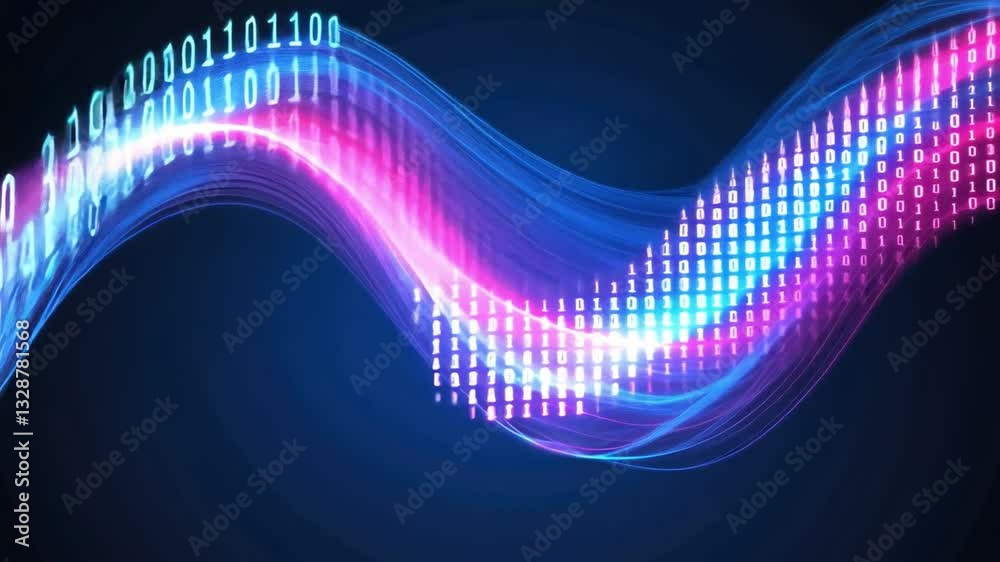 Poster abstract representation of binary code and digital waves with vibrant colors in a futuristic backgro