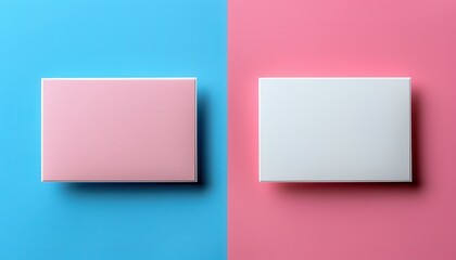 Two white and pink cards are displayed on a blue and pink background