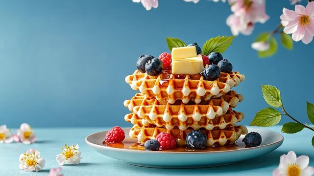 Delicious golden waffles topped with fresh berries and butter surrounded by blooming flowers on a vibrant pastel background
