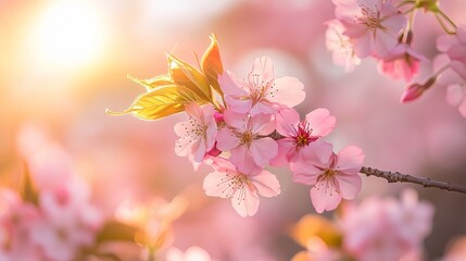 Obraz premium Pink cherry blossoms on a sunny background create a pretty spring scene. It's cherry blossom season in Japan!