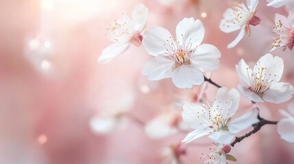 Obraz premium Pretty white cherry blossoms float in the air against a soft pink background. A dreamy, high-quality picture.