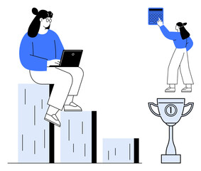 Woman using laptop on bar graph steps, another solving calculation with trophy nearby. Ideal for success, growth, technology, strategy, achievement, career ambition. Flat simple metaphor