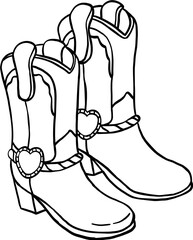 A pair of cowboy boots with decorative heart-shaped accents and detailed stitching, drawn in black-and-white line art style