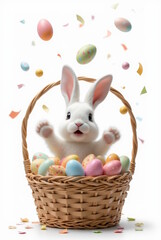 happpy easter bunny in the basket with  colorful eggs illustration