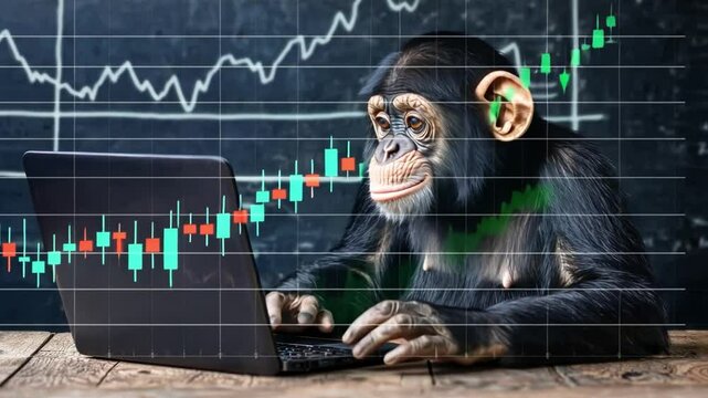 A Curious Chimpanzee Engaging with a Laptop in a Creative Learning Environment, Surrounded by Graphs and Data Charts