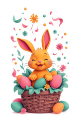 happpy easter bunny in the basket with  colorful eggs illustration