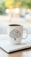 Fototapeta premium A beautifully designed mug featuring a brain illustration filled with coffee, resting on a notebook. Ideal for creative and inspirational moments.