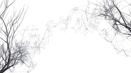 Fototapeta premium The image features a high-contrast, monochrome representation of bare tree branches set against a pure white background. The branches are predominantly dark gray to black, creating a stark