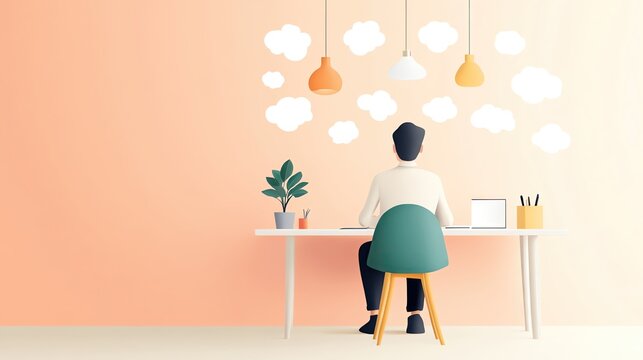 A person working at a creative desk with plants and light fixtures, surrounded by thought clouds, exploring ideas and inspiration in a warm environment.