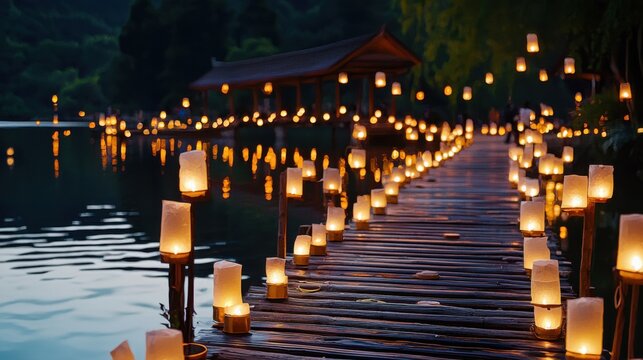 Experience the magic of a floating lantern festival held on a suspended celestial bridge A breathtaking spectacle of light and tradition Witness hundreds of glowing lanterns ascend into the night