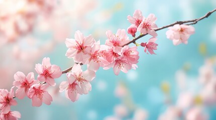 Obraz premium Soft spring background with cherry blossoms. Pink sakura flowers bloom on a pretty turquoise background.