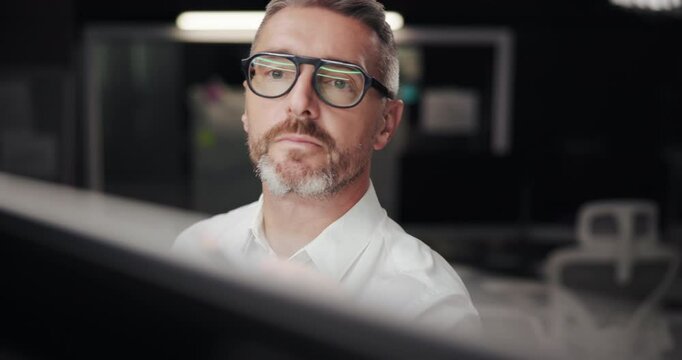 Business, drawing and man with engineering, thinking and ideas for project management. Employee, night and professional in workspace, solution and decision with building design or architecture