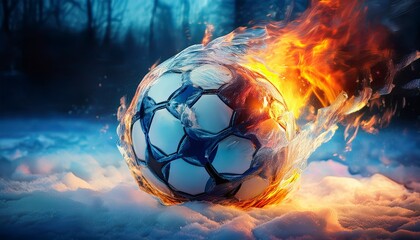Fototapeta premium A frozen soccer ball encased in glistening ice, set against a frosty background—blending the spirit of the game with a unique winter sports twist.