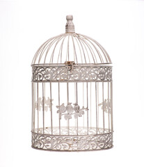 vintage white bird cage isolated on white background