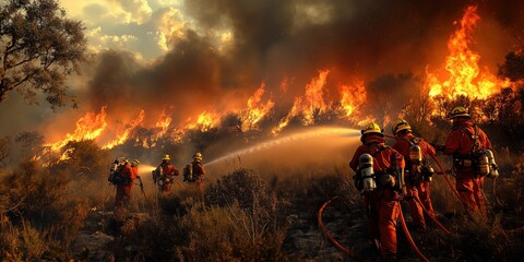 Team of firefighters is actively spraying water to contain a forest fire