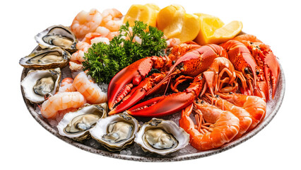 A platter of seafood including lobster, shrimp, and oysters