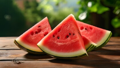 Bright and juicy watermelon slices arranged on a rustic wooden table, glistening under natural sunlight—an inviting symbol of fresh, summery refreshment.