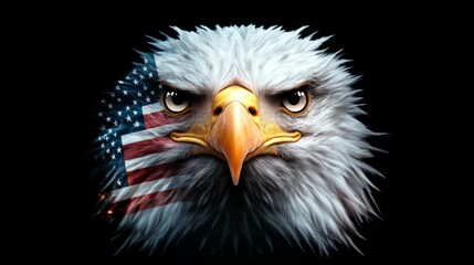 Obraz premium An eagle stares fiercely with a determined expression, its head partially overlaid by the American flag, representing strength and freedom in nature.