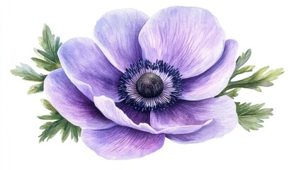 Watercolor Illustration of a Delicate Purple Anemone