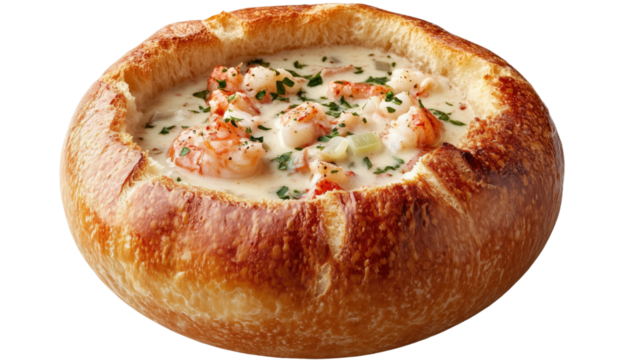 A lobster chowder in a bread bowl