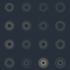 Vintage sunburst. Bursting rays sunrise firework starburst blast burst sunset star hand drawn collection. Radial sunset beams light ray radiant spark. Retro radiant sunburst. Trendy
