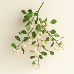 Green Leaves and White Berries on a Light Beige Background