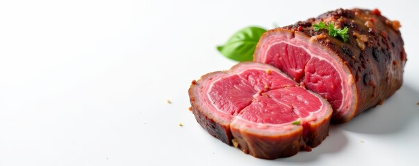 Single sliced beef tenderloin on white background, top view, meat, raw, gourmet