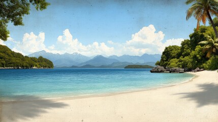 Obraz premium Serene Tropical Beach Landscape with Clear Water and Lush Green Mountains Under a Blue Sky