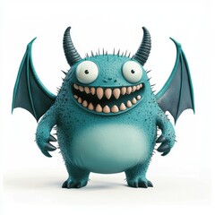 Fototapeta premium Teal monster with tiny bat wings and a playful grin, isolated on clear white background