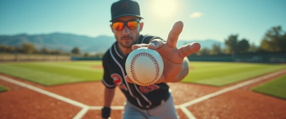 A confident baseball player stands on a vibrant field, extending a baseball towards the camera with a determined expression. The sun shines brightly behind him, casting a warm glow over the scene