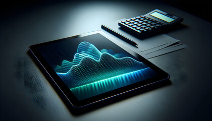 A futuristic tablet displaying dynamic data visualization, with a glowing graph on its screen. The background shows an office setup with a calculator and papers, emphasizing a high-tech workspace.