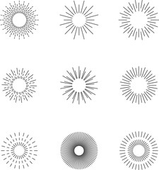Vintage sunburst set. Bursting rays sunrise firework starburst blast, Radiant Spark. Rays. Geometric Design Elements. Retro radiant sunburst, starburst hand drawn label, sun rays.