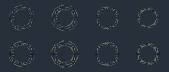 Vintage sunburst set. Bursting rays sunrise firework starburst blast, Radiant Spark. Rays. Geometric Design Elements. Retro radiant sunburst, starburst hand drawn label, sun rays.