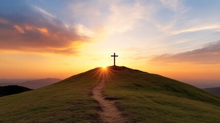 Fototapeta premium Serene Sunset Over Cross on Hilltop with Golden Sky and Pathway Leading to Spiritual Reflection