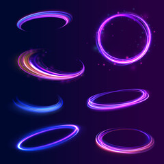 Futuristic Halo Motion: A Dynamic Collection of Brightly Glowing Circular Streaks in Shades of Blue, Purple, and Orange, Floating Elegantly in a Vast, Cosmic, Digital Dreamscape