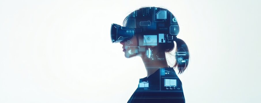 A woman wearing virtual reality headset with digital overlays - Powered by Adobe
