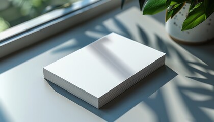 A white book sits on a table next to a potted plant