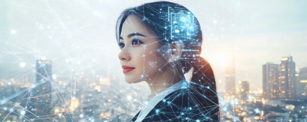 A businesswoman with technological concept and cityscape background present