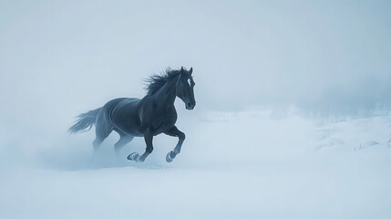 Fototapeta premium A powerful black horse gallops through deep snow as a winter storm envelops the landscape. The silhouette stands out against the swirling snowflakes in the dim twilight