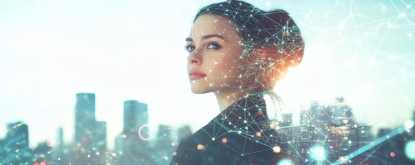 A sophisticated woman overlaid with futuristic network connections in a cityscape
